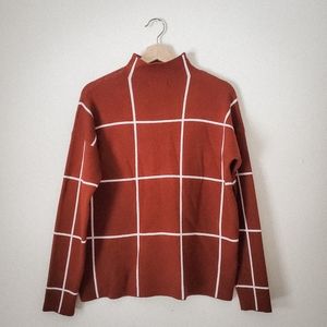 Cynthia Rowley Rust Brown Soft Mockneck Sweater Grid Pattern Sz Med